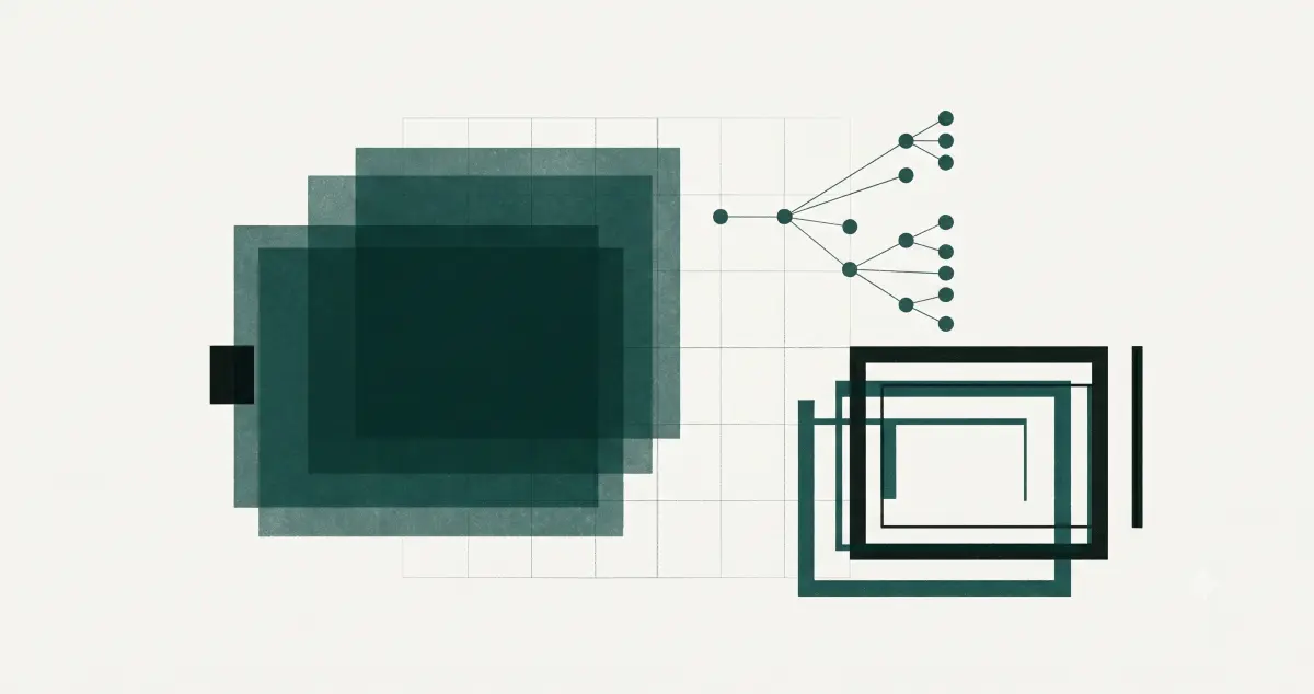 Ilustração duotone abstrata em verde-petróleo sobre off-white, com planos retangulares empilhados e um grafo de nós sugerindo a estrutura de um site.